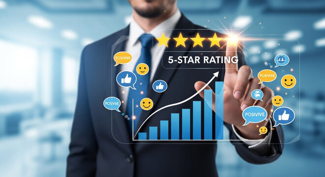 Professional businessman interacts with a glowing virtual 5-star rating, symbolizing exceptional customer experience and growing success