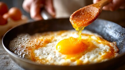 Cooking Sunny Side Up Eggs in a Skillet with Wooden Spoon