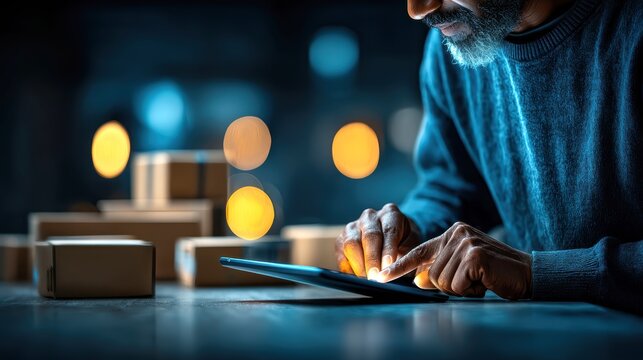 Thoughtful man using tablet in a dark room with glowing lights - Powered by Adobe