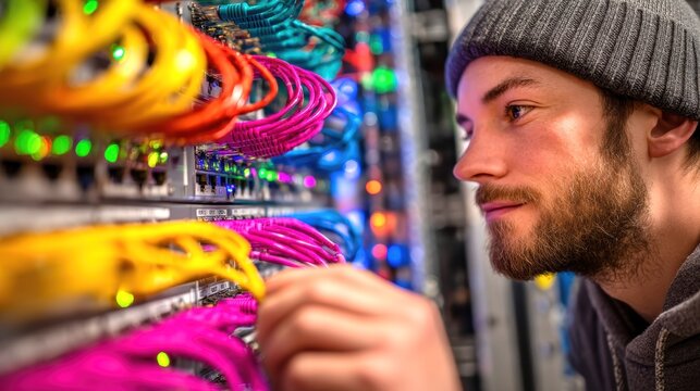 Technician Connecting Colorful Cables in a Data Center Environment