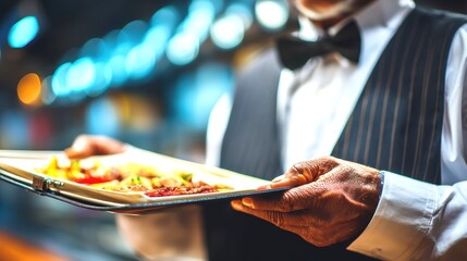 Elegant Waiter Presenting Gourmet Dish on Silver Tray in Restaurant