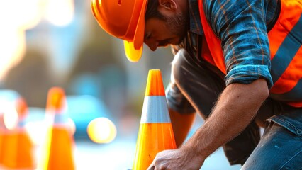 Construction Worker Adjusting Traffic Cone During Road Work Safety