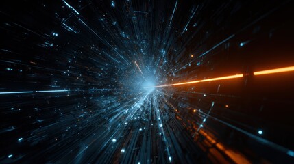 Fototapeta premium Abstract digital light tunnel with bright blue and orange lines on black