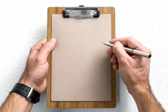 Person's hands holding a pen, writing on a blank paper attached to a wooden clipboard.