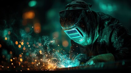 Close-up of Welder in Protective Gear Sparks Flare in Workshop
