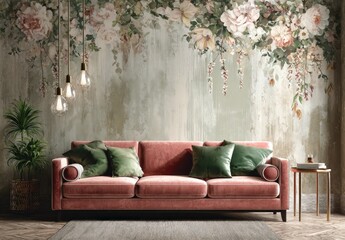 A living room scene showcases a statement wall with floral prints, a plush dusty rose sofa, and decorative pillows, creating a serene and elegant ambiance.