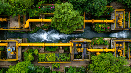 Aerial view of sustainable water treatment facility with yellow pipes, surrounded by greenery. water flows vigorously, showcasing efficient system for resource management