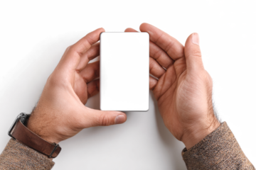 Hands holding a blank white card on a white background, showcasing a clean and minimalist aesthetic.