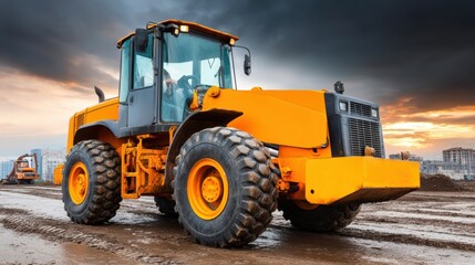Heavy Duty Yellow Excavator on Construction Site at Sunset