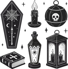 Set of 8 designs solid black silhouette halloween objects, coffin, potion bottle, candle lantern, crystal ball, spell book, full black fill, realistic proportions, isolated on white b
