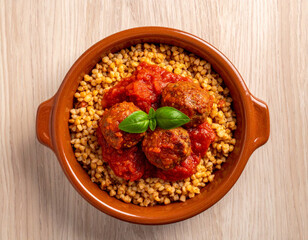 Rustic Terracotta Bowl Overflowing with Hearty Meatballs in Rich Tomato Sauce and Grains.