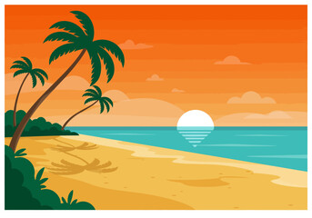 Obraz premium Beach scene at sunset palm trees sand water reflecting the sun