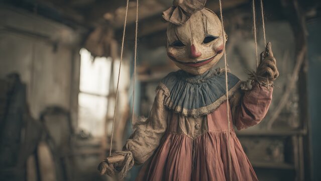 manipulation narcissistic concept Creepy clown doll hanging by strings in an abandoned room
