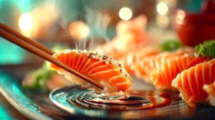Delicious Salmon Sushi with Soy Sauce and Beautiful Presentation