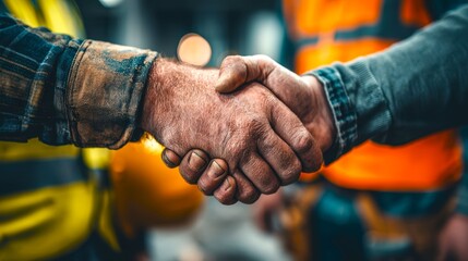 Close-Up of Handshake Between Two Construction Workers on Site