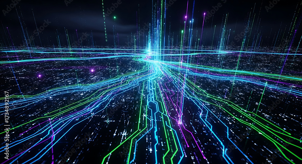 Wall mural abstract digital landscape of glowing data streams and binary code technology futuristic