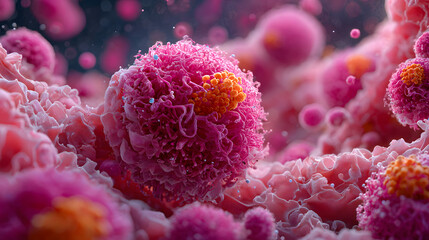 Fototapeta premium High detail visualization of cancer cells in vibrant pink hues, showcasing their intricate structures and textures. This highlights complexity of cellular biology and importance of cancer research