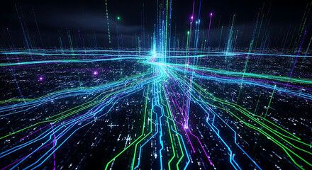 Abstract Digital Landscape of Glowing Data Streams and Binary Code technology futuristic