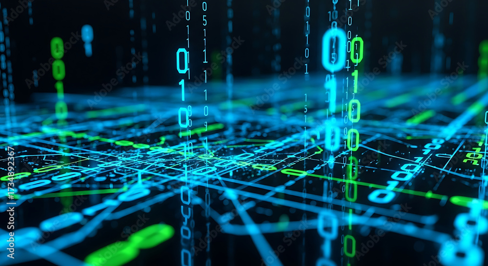 Wall mural abstract digital network with falling binary code technology data