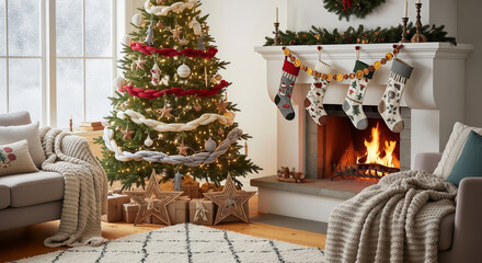 A cozy living room decorated for christmas, featuring a beautifully lit christmas tree with presents underneath, a roaring fireplace with stockings hung, and comfortable seating