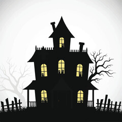 Silhouette of a haunted house with glowing windows flanked by dead trees and a broken fence