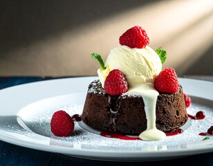Chocolate cake dessert with ice cream and raspberries
