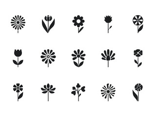 Simple flower shapes arranged in a grid pattern representing botanical elements in minimalist style, creating a clean and modern aesthetic.