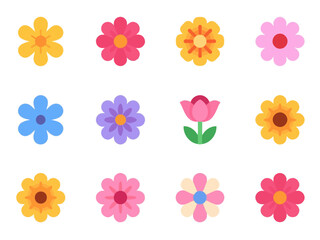 Collection of colorful flowers arranged in a grid pattern against a white backdrop, showcasing their simple beauty and cheerful springtime vibe.