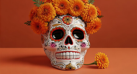 A beautifully decorated sugar skull adorned with vibrant orange marigolds, symbolizing the day of the dead dia de los muertos celebration
