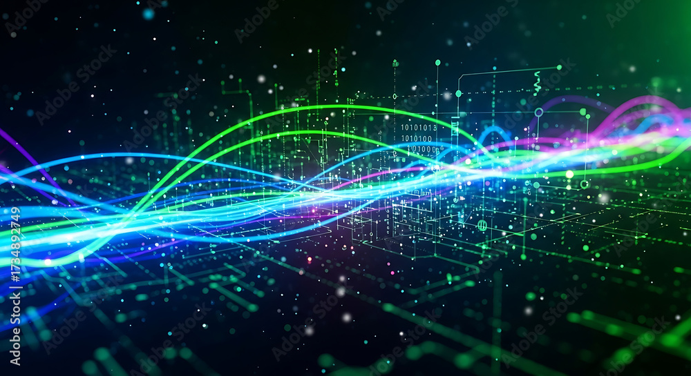 Wall mural abstract digital waves of light and data flowing through circuits image photo
