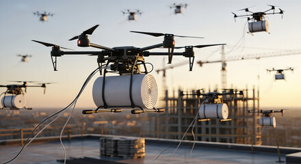Drone swarm transporting insulation rolls at construction site during sunset. Innovative drone technology utilized for material delivery enhances building efficiency.