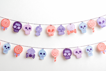 Pastel Halloween garland with skulls lollipops and candy cute vector illustration for party decoration and festive design