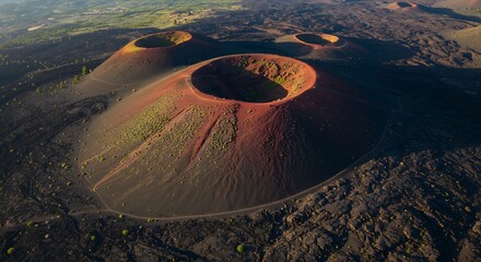 Aerial view of volcanic craters natural landscape under sunlight