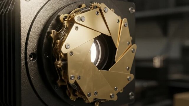 Close Up Of Golden Aperture Blades In A Vintage Mechanical Camera System
