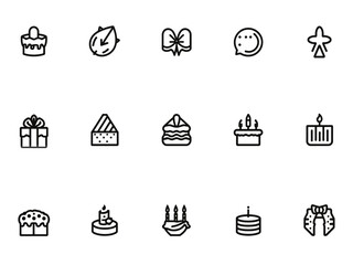 Collection of birthday themed line art elements arranged on white surface, perfect for minimalist designs and festive occasions.