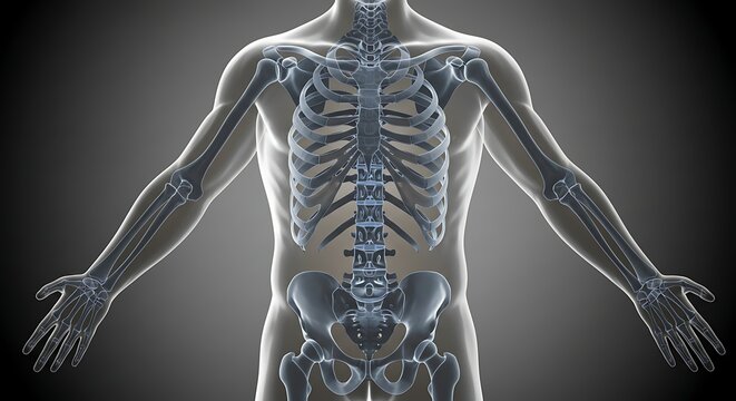 Human skeletal system anatomy illustration on dark gradient background