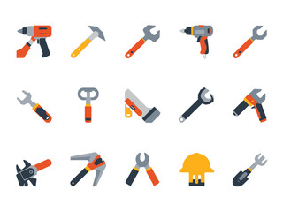Various hand tools arranged neatly on white surface showcasing different shapes and purposes for construction and repair tasks, presented in clean style.