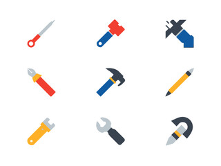 Collection of various hand tools arranged neatly on a white surface, representing craftsmanship and repair work with a clean and organized aesthetic.