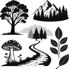 Set of 8 designs solid black silhouette nature, tree, mushroom, mountain, river, leaf, full black fill, realistic proportions, isolated on white background, vector-friendly, no text.
