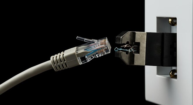 Ethernet cable connecting to network port on black background