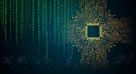 Computer Chip With Golden Circuitry And Binary Code processor