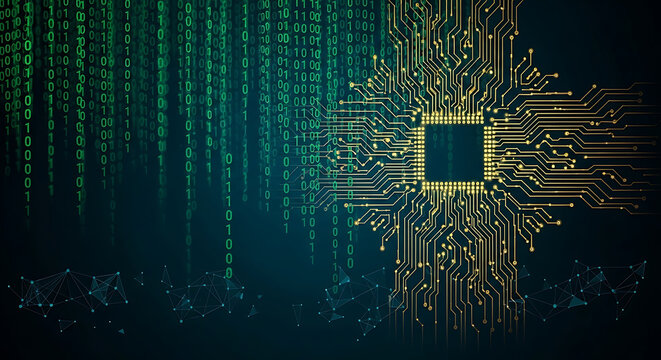 Computer Chip With Golden Circuitry And Binary Code processor