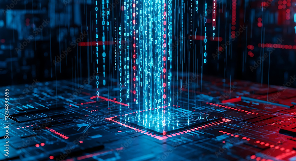 Wall mural data processing on a microchip with falling blue and red binary code circuit board