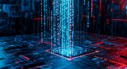 Data Processing on a Microchip with Falling Blue and Red Binary Code circuit board