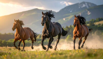 Three horses galloping across a field at sunset, with mountains in the background