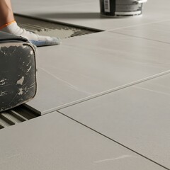 Installing Light Gray Tiles on Floor.