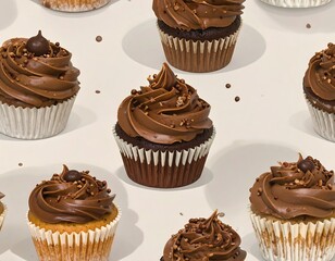 Chocolate cupcakes arranged in a symmetrical pattern on a light background
