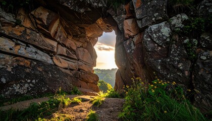 Obraz premium Sun shines through Stone Archway at Mountain Trail, Background Forest, for Travel ads