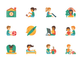 Children playing with toys in various settings, showcasing creativity and imagination in childhood, creating a joyful and playful atmosphere.