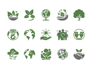 Green plant symbols representing environmental protection and sustainability, showcasing ecofriendly concepts and nature conservation on a light background.